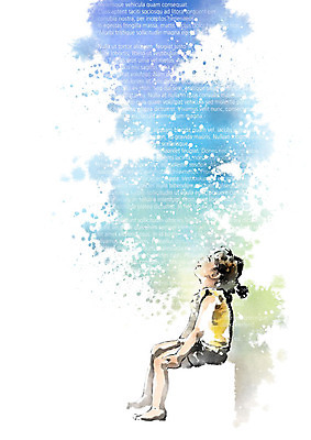 PSD 문자 영어 여자 종이 어린이 일러스트 캘리그라피 하늘 붓터치 한명 사람 소녀 꿈 터치 번짐 사색 소녀한명만 국내일러스트 1 생각 여자한명만 소녀만 파일형식 효과