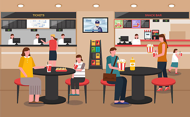 여자 남자 음료 어린이 의자 가방 일러스트 탁자 광고판 사람 여러명 성인 과자 영화관 영화 팝콘 거치대 매표소 무비데이 영화감상 예고 국내일러스트 AI파일 잡화 가구 다수 데이이벤트 문화예술 디저트 알림판 감상 극장 판 파일형식 벡터