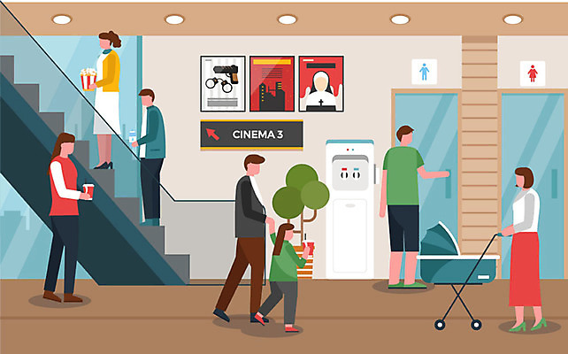여자 남자 화분 음료 어린이 일러스트 사람 여러명 성인 영화관 영화 화장실 팝콘 에스컬레이터 유모차 무비데이 영화감상 영화포스터 정수기 국내일러스트 AI파일 포스터 다수 데이이벤트 문화예술 감상 아기용품 극장 파일형식 벡터