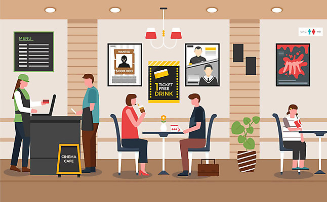 여자 남자 화분 커피 의자 가방 일러스트 조명 사람 여러명 카페 영화관 계산대 영화 직원 콜라 메뉴판 무비데이 영화감상 영화포스터 원형탁자 국내일러스트 AI파일 잡화 포스터 음료 가구 다수 데이이벤트 탁자 문화예술 상점 감상 극장 탄산음료 파일형식 벡터
