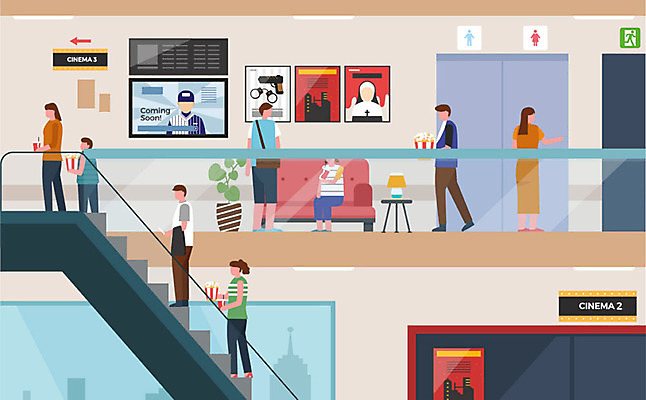 여자 남자 포스터 화분 일러스트 사람 여러명 소파 시간표 영화관 영화 화장실 팝콘 에스컬레이터 비상구 무비데이 영화감상 예고 국내일러스트 AI파일 다수 의자 데이이벤트 문화예술 감상 계획 극장 파일형식 벡터