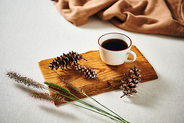 포토 JPG 스튜디오촬영 커피 실내 사람없음 가을 담요 오브젝트 솔방울 감성 강아지풀 나무도마 국내포토 식물 계절 음료 컨셉 도마 내부 목재 한해살이풀 파일형식