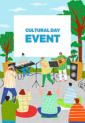 나무 구름 여자 남자 문화 일러스트 하늘 문화예술 프레임 사람 이벤트 여러명 컬러풀 카메라 스피커 기타 밴드 피아노 스탠드마이크 마이크 즐거움 길거리공연 문화의날 국내일러스트 AI파일 자연요소 식물 감정 음악 컬러 음향기기 다수 현악기 전자제품 공연 건반악기 파일형식 벡터 법정기념일