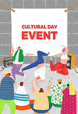 여자 남자 문화 일러스트 문화예술 프레임 사람 이벤트 여러명 컬러풀 카메라 스피커 댄서 춤 즐거움 비보이 열정 카세트플레이어 문화의날 국내일러스트 AI파일 직업 감정 컬러 음향기기 다수 전자제품 플레이어 파일형식 벡터 법정기념일