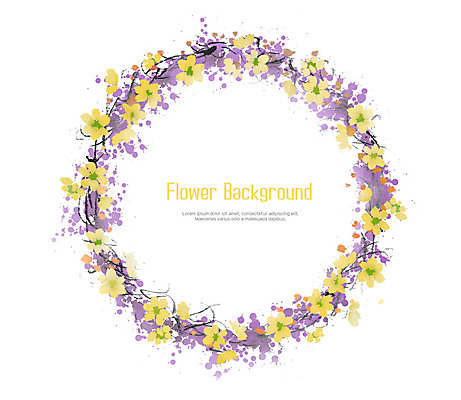 PSD 꽃 줄기 잎 일러스트 수채화 프레임 사람없음 장식 노란색 보라색 화환 원형 원형프레임 꽃프레임 축하화환 국내일러스트 도형 식물 컬러 파일형식