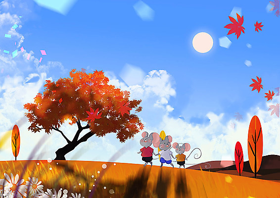PSD 나무 구름 꽃 행복 단풍 일러스트 자연 하늘 단풍나무 세마리 풍경 초원 사람없음 반짝임 컬러풀 태양 가을 쥐띠 쥐 경자년 국내일러스트 자연요소 식물 계절 감정 컬러 잎 모션 3 십이지신 설치류 생태계 파일형식 2020년