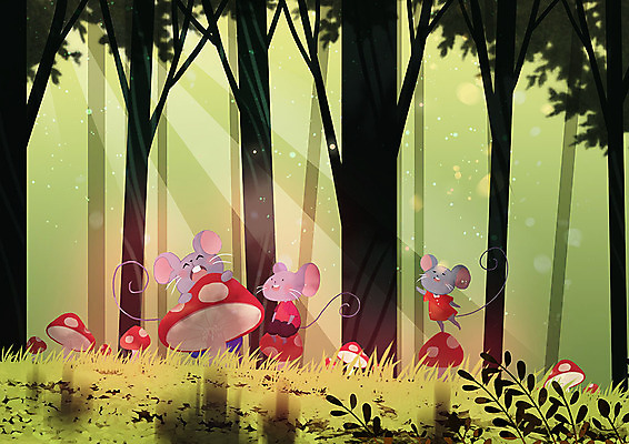 PSD 나무 행복 일러스트 자연 세마리 풍경 사람없음 반짝임 컬러풀 햇빛 버섯 쥐띠 쥐 숲 경자년 국내일러스트 식물 감정 컬러 모션 3 태양 십이지신 설치류 생태계 파일형식 2020년