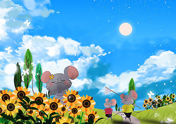 PSD 나무 구름 행복 길 나비 일러스트 자연 하늘 해바라기 세마리 풍경 초원 사람없음 여름 반짝임 컬러풀 태양 쥐띠 쥐 곤충채집 채집망 경자년 국내일러스트 자연요소 식물 계절 꽃 감정 컬러 곤충 모션 3 십이지신 설치류 수집 생태계 파일형식 2020년