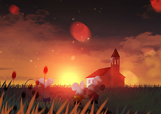 PSD 구름 행복 일러스트 자연 하늘 따뜻함 세마리 풍경 초원 사람없음 반짝임 울타리 컬러풀 노을 쥐띠 쥐 종탑 경자년 국내일러스트 자연요소 감정 컬러 모션 3 담장 탑 십이지신 설치류 생태계 파일형식 2020년