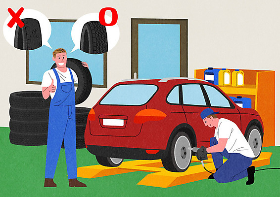 PSD 남자 일러스트 창문 자동차 선반 사람 성인 두명 문 수리 타이어 정비공 점검 자동차정비 정비소 차량점검 카센터 남자만 국내일러스트 육상교통 가구 센터 기술자 파일형식