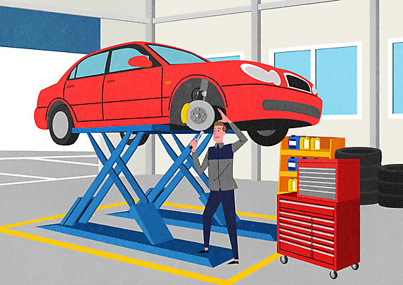 PSD 남자 일러스트 창문 자동차 한명 사람 성인 공구 브레이크 타이어 정비공 점검 자동차정비 정비소 차량점검 카센터 성인남자한명만 국내일러스트 1 육상교통 도구 센터 기술자 수리 남자한명만 성인남자만 파일형식