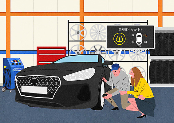 PSD 여자 남자 일러스트 자동차 사람 성인 두명 타이어 정비공 점검 자동차정비 정비소 차량점검 카센터 성인만 국내일러스트 육상교통 센터 기술자 수리 파일형식