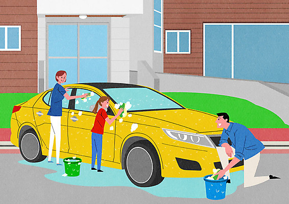 PSD 여자 남자 어린이 일러스트 가족 자동차 엄마 사람 세명 아빠 양동이 수세미 점검 세차 차량점검 국내일러스트 육상교통 관계 파일형식