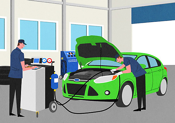 PSD 남자 일러스트 창문 자동차 사람 성인 두명 수리 에어컨 타이어 정비공 점검 자동차정비 정비소 차량점검 카센터 남자만 국내일러스트 육상교통 가전제품 센터 기술자 파일형식