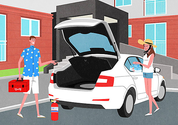 PSD 커플 여자 남자 일러스트 자동차 휴가 사람 성인 두명 구급상자 공구함 타이어 소화기 점검 여행준비 자동차트렁크 차량점검 성인만 국내일러스트 육상교통 여행 관계 공구 의료용품 안전장비 소방 준비 파일형식