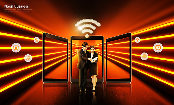 PSD 편집이미지 여자 남자 백그라운드 성인 두명 빛 스마트폰 태블릿 주황색 한국인 비즈니스맨 비즈니스우먼 와이파이 네온 성인만 카피스페이스 네온아트 이미지편집 컬러 비즈니스 사람 동양인 전자제품 핸드폰 스마트기기 공백 직장인 무선인터넷 파일형식