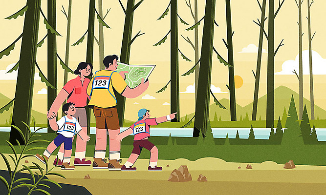 나무 여자 남자 아들 어린이 스포츠 지도 일러스트 가족 엄마 산 여러명 성인 운동 행선지 등산 가리킴 깃발 아빠 숲 즐거움 오리엔티어링 국내일러스트 AI파일 식물 감정 다수 관계 건강 사람 손짓 트래킹 파일형식 벡터