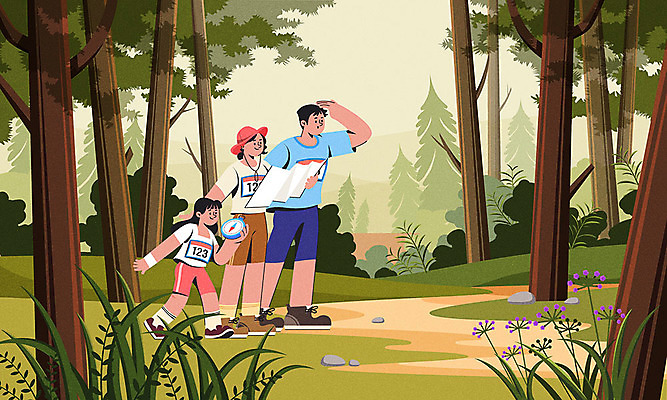 나무 여자 남자 딸 어린이 스포츠 지도 일러스트 가족 엄마 산 성인 세명 운동 행선지 등산 깃발 아빠 숲 나침반 즐거움 오리엔티어링 국내일러스트 AI파일 식물 감정 관계 건강 사람 트래킹 파일형식 벡터