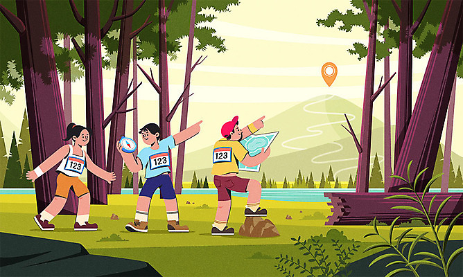 나무 여자 남자 어린이 스포츠 지도 일러스트 산 세명 운동 행선지 등산 깃발 숲 나침반 즐거움 위치 어린이만 오리엔티어링 국내일러스트 AI파일 식물 감정 건강 사람 트래킹 파일형식 벡터