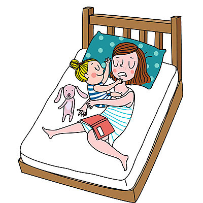 라이프스타일 여자 딸 어린이 인형 일러스트 베개 모녀 엄마 피곤 사람 두명 책 육아 침대 아기 주부 전쟁 바쁨 열정 육아라이프 주부라이프 여자만 국내일러스트 AI파일 감정 가구 컨셉 가족 침구 생활 파일형식 벡터