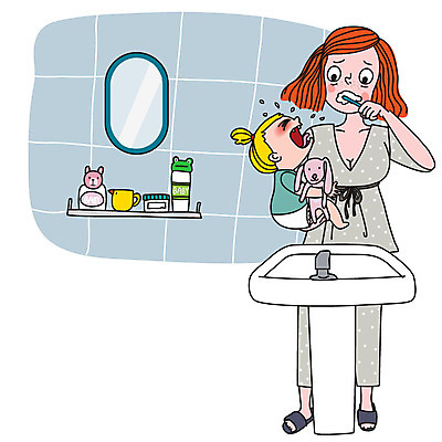라이프스타일 여자 딸 어린이 인형 일러스트 모녀 엄마 피곤 사람 두명 아기용품 잠옷 육아 양치 아기 칫솔 울음 세면대 주부 전쟁 바쁨 열정 육아라이프 주부라이프 벽거울 타일벽 여자만 독박육아 싱글맘 한부모가족 국내일러스트 AI파일 옷 감정 벽 컨셉 가족 표정 생활 위생용품 청결 거울 오브젝트 파일형식 벡터