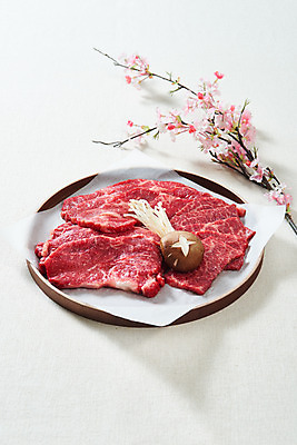 포토 JPG 스튜디오촬영 실내 생고기 육류 사람없음 버섯 소고기 신선 오브젝트 흰배경 꽃가지 나무그릇 등심 마블링 채끝살 살치살 국내포토 그릇 꽃 백그라운드 식재료 내부 목재 흰색 나뭇가지 파일형식