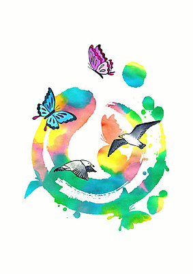 PSD 실루엣 나비 여러마리 일러스트 갈매기 조류 붓터치 수채화 사람없음 컬러풀 물감 번짐 국내일러스트 동물 컬러 다수 곤충 촬영기법 미술도구 파일형식 효과