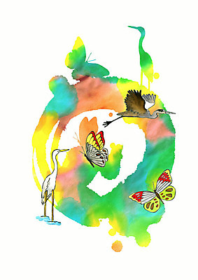 PSD 실루엣 나비 여러마리 일러스트 조류 붓터치 수채화 사람없음 컬러풀 물감 학 번짐 국내일러스트 동물 컬러 다수 곤충 촬영기법 미술도구 파일형식 효과