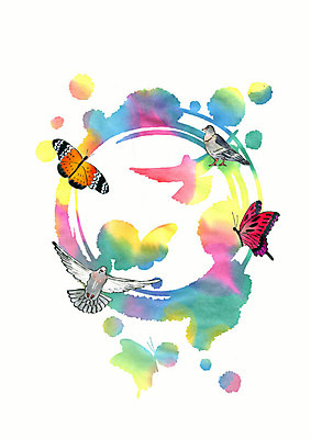 PSD 실루엣 나비 여러마리 일러스트 조류 붓터치 수채화 사람없음 컬러풀 물감 비둘기 번짐 국내일러스트 동물 컬러 다수 곤충 촬영기법 미술도구 파일형식 효과