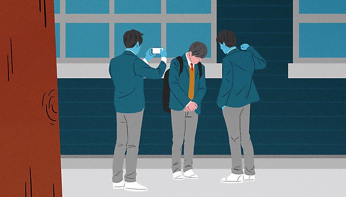 PSD 나무 학생 남자 교복 남학생 일러스트 학교 청소년 사람 세명 촬영 범죄 위험 무서움 범죄인 사회이슈 공포 왕따 피해자 학교폭력 소름 남자만 가해자 국내일러스트 식물 옷 교육 감정 컨셉 피해 폭력 파일형식