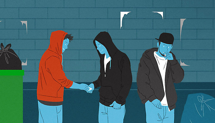 PSD 남자 일러스트 담배 사람 세명 거래 쓰레기통 범죄 골목길 쓰레기 위험 무서움 범죄인 사회이슈 공포 딜러 쓰레기봉투 마약 피해자 소름 남자만 가해자 국내일러스트 감정 길 컨셉 봉투 피해 파일형식