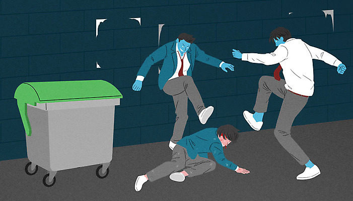 PSD 학생 남자 교복 남학생 일러스트 청소년 사람 세명 쓰레기통 범죄 위험 무서움 범죄인 사회이슈 공포 발길질 왕따 피해자 학교폭력 소름 남자만 가해자 국내일러스트 옷 감정 컨셉 피해 폭력 파일형식