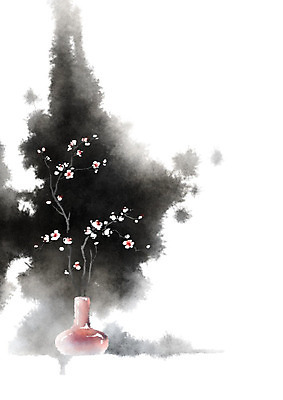 PSD 식물 꽃잎 잎 일러스트 캘리그라피 붓터치 흑백 사람없음 꽃병 매화 번짐 꽃가지 정물화 국내일러스트 꽃 촬영기법 나뭇가지 그림 파일형식 효과