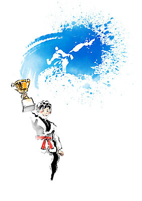 PSD 교육 남자 어린이 일러스트 캘리그라피 붓터치 한명 사람 소년 파란색 기쁨 축하 우승 수상_상을받음 킥 트로피 즐거움 태권도 태권도복 번짐 대회 에듀 에듀케이션 수상자 우승자 소년한명만 빨간띠 스쿨팩 국내일러스트 1 감정 스포츠용품 컬러 컨셉 모션 도복 격투기 끈 최고 상_우승 남자한명만 소년만 파일형식 효과