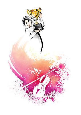 PSD 여자 교육 어린이 일러스트 캘리그라피 붓터치 한명 사람 기쁨 축하 우승 수상_상을받음 트로피 바이올린 즐거움 번짐 대회 에듀 에듀케이션 진분홍색 수상자 우승자 소녀한명만 콩쿠르 스쿨팩 국내일러스트 1 감정 분홍색 컨셉 현악기 최고 상_우승 여자한명만 소녀만 파일형식 효과