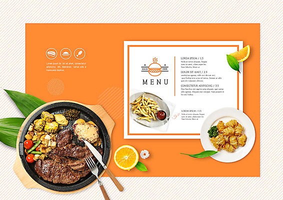 PSD 편집이미지 라이프스타일 꽃 음식 백그라운드 포크 오렌지 나뭇잎 프레임 스테이크 사람없음 레스토랑 주황색 감자튀김 나이프 레몬 메뉴판 카피스페이스 이미지편집 식물 식기 컬러 잎 과일 감자 서양음식 생활 식당 공백 튀김 칼 파일형식