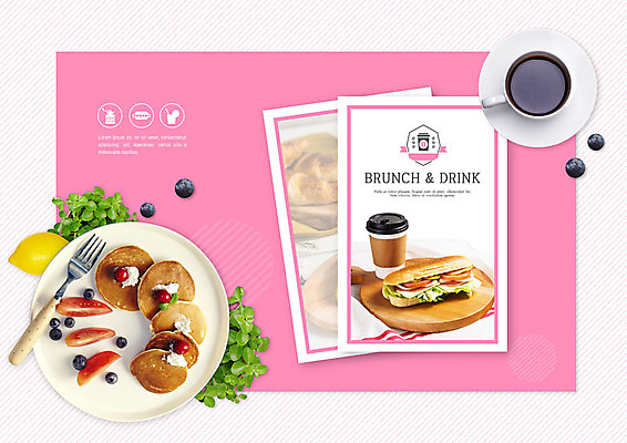 PSD 편집이미지 라이프스타일 커피 음식 분홍색 백그라운드 포크 과일 디저트 프레임 샌드위치 사람없음 카페 풀잎 커피잔 레몬 블루베리 메뉴판 팬케이크 테이크아웃컵 카피스페이스 이미지편집 식기 음료 컬러 잎 잔 생활 컵 케이크 상점 공백 풀_식물 파일형식