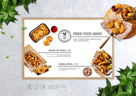 PSD 편집이미지 라이프스타일 음식 백그라운드 포크 나뭇잎 프레임 사람없음 레스토랑 치킨 튀김 감자튀김 소스 메뉴판 카피스페이스 이미지편집 식기 잎 감자 생활 식당 공백 양념 닭고기요리 파일형식