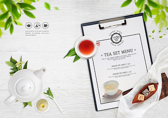 PSD 편집이미지 라이프스타일 꽃 음식 백그라운드 나뭇잎 프레임 사람없음 카페 흰색 전통차 찻잔 티스푼 찻주전자 메뉴판 한과 홍차 다과 카피스페이스 이미지편집 식물 컬러 잎 주전자 디저트 잔 생활 차_음료 상점 숟가락 공백 전통음식 파일형식