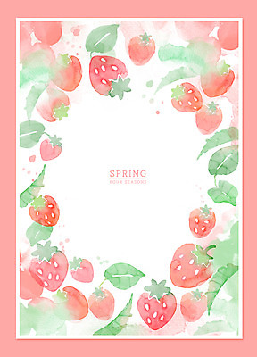 PSD 포스터 분홍색 백그라운드 잎 일러스트 딸기 붓터치 수채화 프레임 사람없음 봄 번짐 프레임일러스트 봄배경 국내일러스트 식물 계절 컬러 과일 파일형식 효과