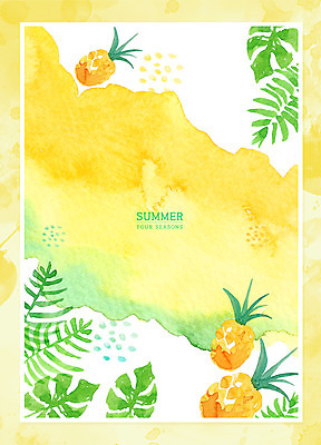 PSD 포스터 백그라운드 잎 일러스트 붓터치 수채화 프레임 사람없음 여름 노란색 파인애플 번짐 프레임일러스트 국내일러스트 식물 계절 컬러 과일 열대과일 파일형식 효과