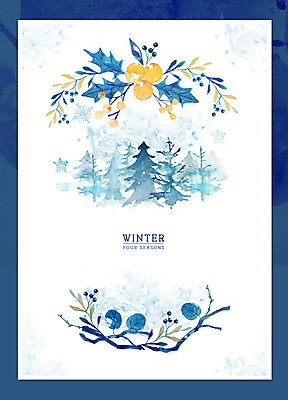 PSD 나무 열매 포스터 백그라운드 잎 겨울 일러스트 붓터치 수채화 프레임 사람없음 파란색 나뭇가지 번짐 프레임일러스트 겨울배경 국내일러스트 식물 계절 컬러 파일형식 효과
