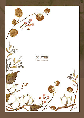 PSD 포스터 백그라운드 겨울 일러스트 붓터치 수채화 프레임 사람없음 갈색 나뭇가지 솜 번짐 목화꽃 프레임일러스트 겨울배경 국내일러스트 나무 계절 꽃 컬러 파일형식 효과
