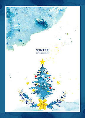 PSD 포스터 리본 백그라운드 크리스마스 겨울 일러스트 붓터치 수채화 프레임 사람없음 파란색 크리스마스트리 번짐 프레임일러스트 겨울배경 국내일러스트 계절 기념일 컬러 파일형식 효과