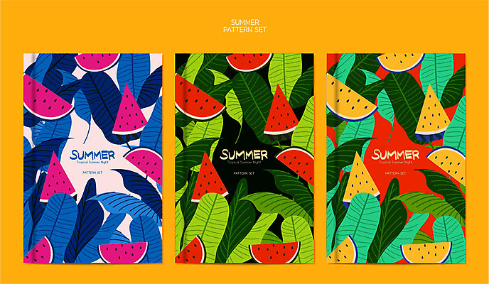 디자인 백그라운드 패턴 일러스트 여름음식 수박 사람없음 여름 세트 컬러풀 패턴백그라운드 포장지 야자수잎 제철과일 국내일러스트 AI파일 계절 음식 컬러 잎 무늬 과일 포장 제철 파일형식 벡터 여름_계절
