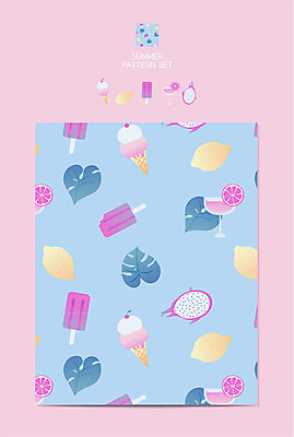 디자인 백그라운드 패턴 일러스트 아이스크림 사람없음 여름 세트 컬러풀 패턴백그라운드 레몬 포장지 야자수잎 용과 막대아이스크림 국내일러스트 AI파일 계절 컬러 잎 무늬 과일 포장 디저트 파일형식 벡터