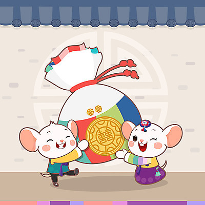 캐릭터 전통 명절 두마리 일러스트 근하신년 새해 복주머니 사람없음 컬러풀 귀여움 십이지신 쥐띠 쥐 한복 쥐캐릭터 흰쥐 기와담장 2020년 경자년 국내일러스트 일러캐릭터 AI파일 한국전통 기념일 컬러 동물캐릭터 컨셉 2 전통소품 기와 담장 설치류 전통의상 연도 파일형식 벡터