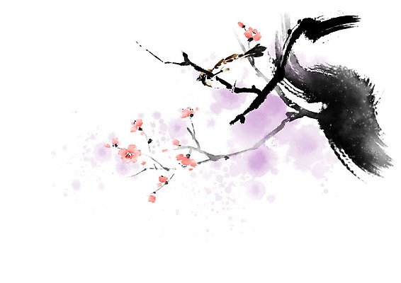 PSD 나무 식물 동물 한마리 꽃 일러스트 캘리그라피 자연 조류 붓터치 풍경 사람없음 컬러풀 나뭇가지 번짐 참새 풍경화 국내일러스트 1 컬러 그림 생태계 파일형식 효과