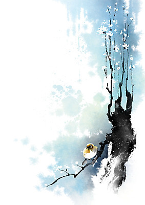 PSD 나무 식물 동물 한마리 꽃 일러스트 캘리그라피 자연 조류 붓터치 풍경 사람없음 컬러풀 나뭇가지 번짐 참새 풍경화 국내일러스트 1 컬러 그림 생태계 파일형식 효과