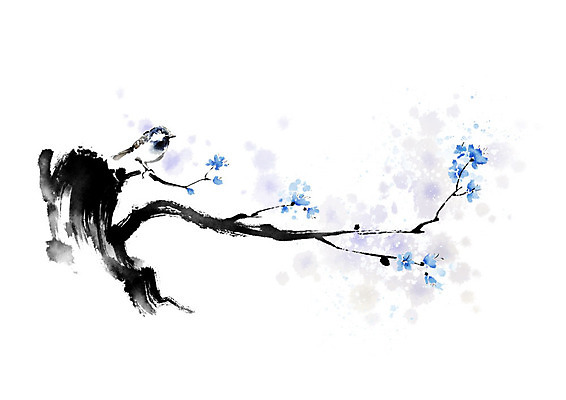 PSD 나무 식물 동물 한마리 꽃 일러스트 캘리그라피 자연 조류 붓터치 풍경 사람없음 컬러풀 나뭇가지 번짐 풍경화 국내일러스트 1 컬러 그림 생태계 파일형식 효과